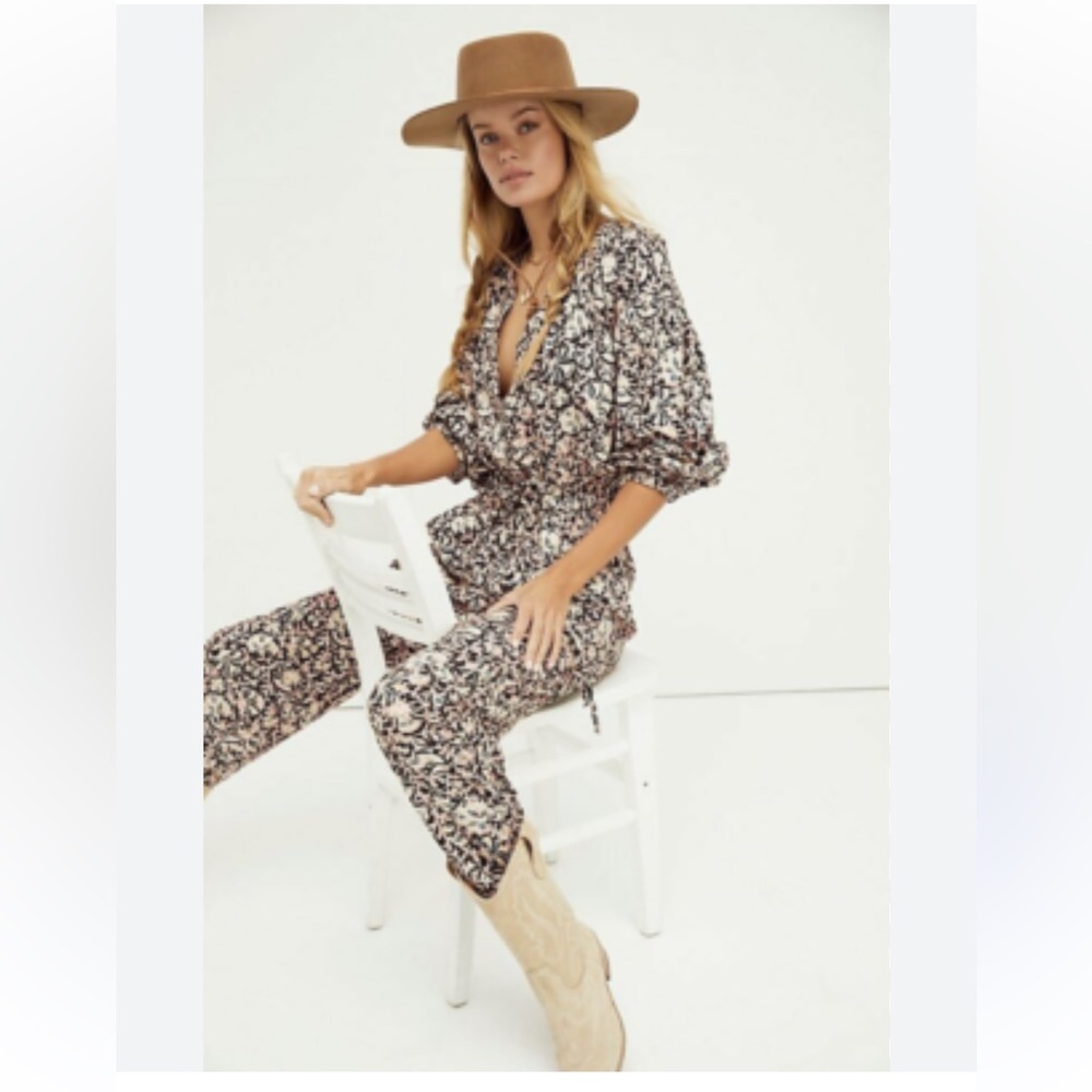 Free People Black and Cream Floral Jumpsuit coveralls I got a feeling